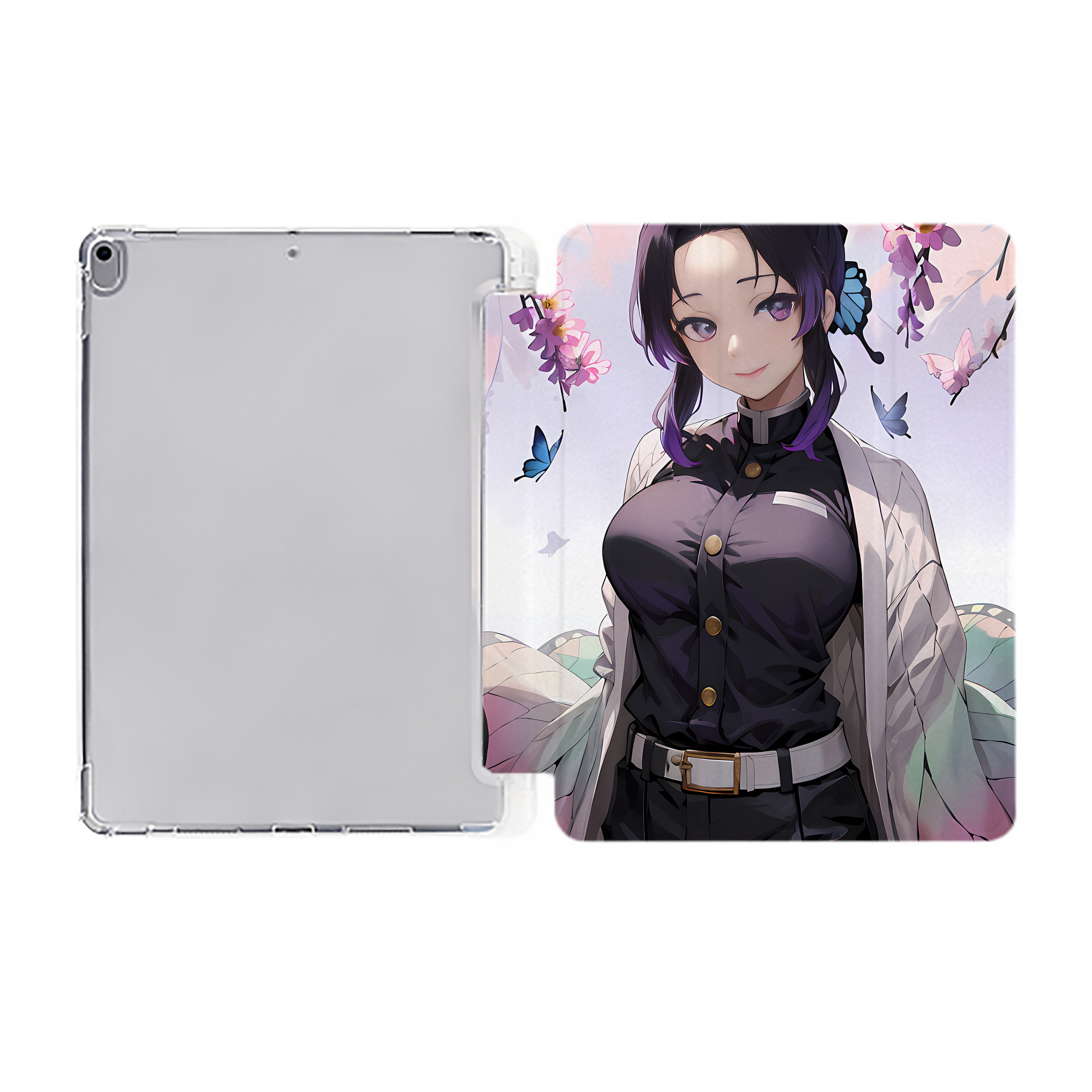 （画像用） 鬼滅の刃（きめつのやいば）蟲柱-胡蝶 しのぶ／こちょう しのぶ Kochou Shinobu IPad ケース ペン収納付き 三つ折りスタンド PUレザー×シリコン 対応機種9.5/10.5/10.9インチ